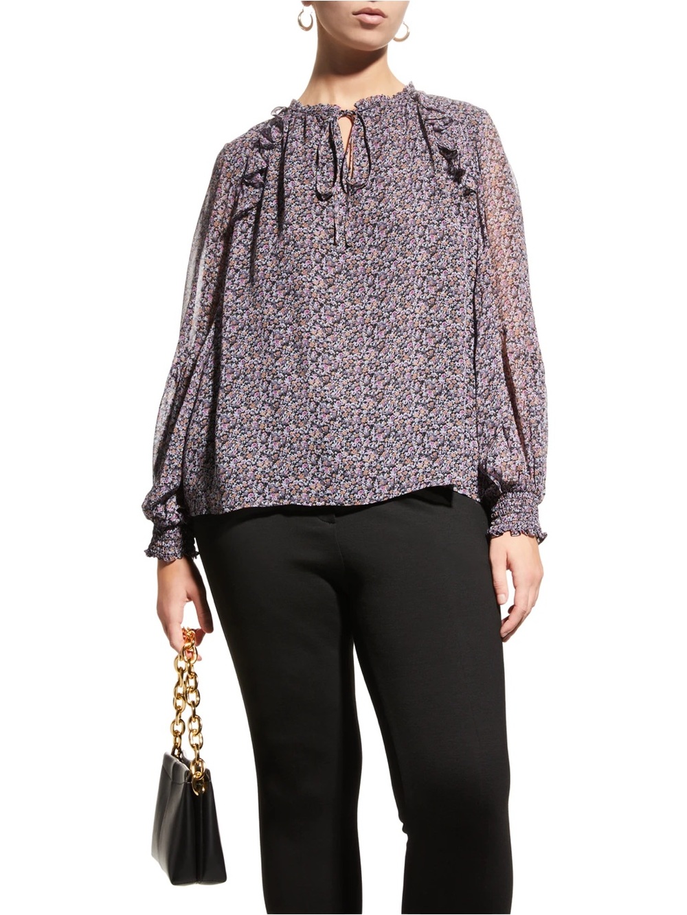 $277 Whitney Morgan Black 100% Silk Chiffon Ruffle Trim Blouse Top Plus Size 1X